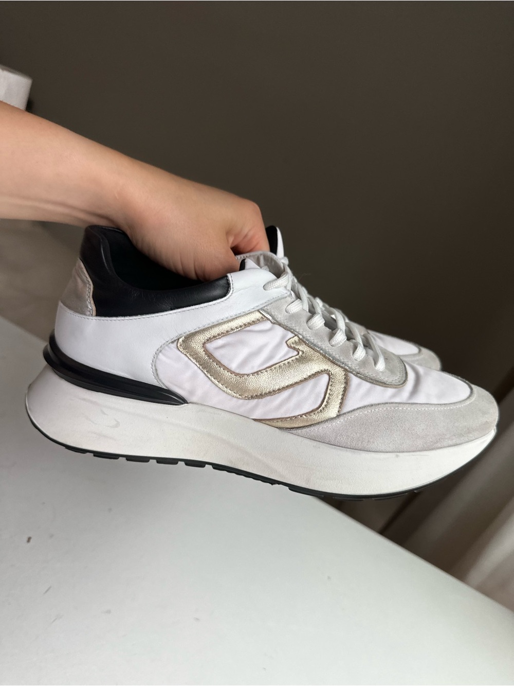 Nero Giardini White and Metallic Gold Platform Sneaker